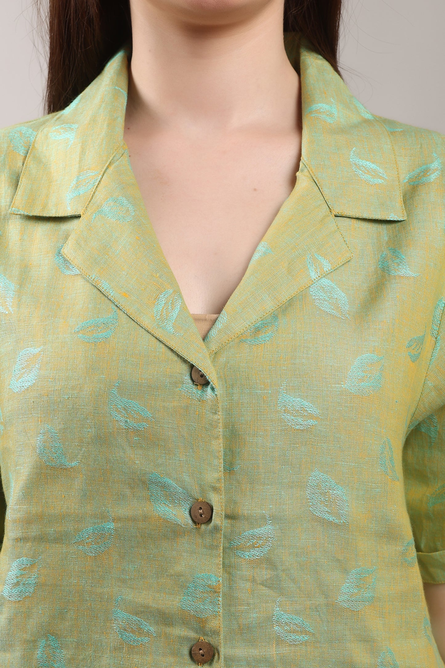 Emerald Jacquard Pure Flax Linen Shirt – sustainable women’s linen shirt by The Majestic Peacock.