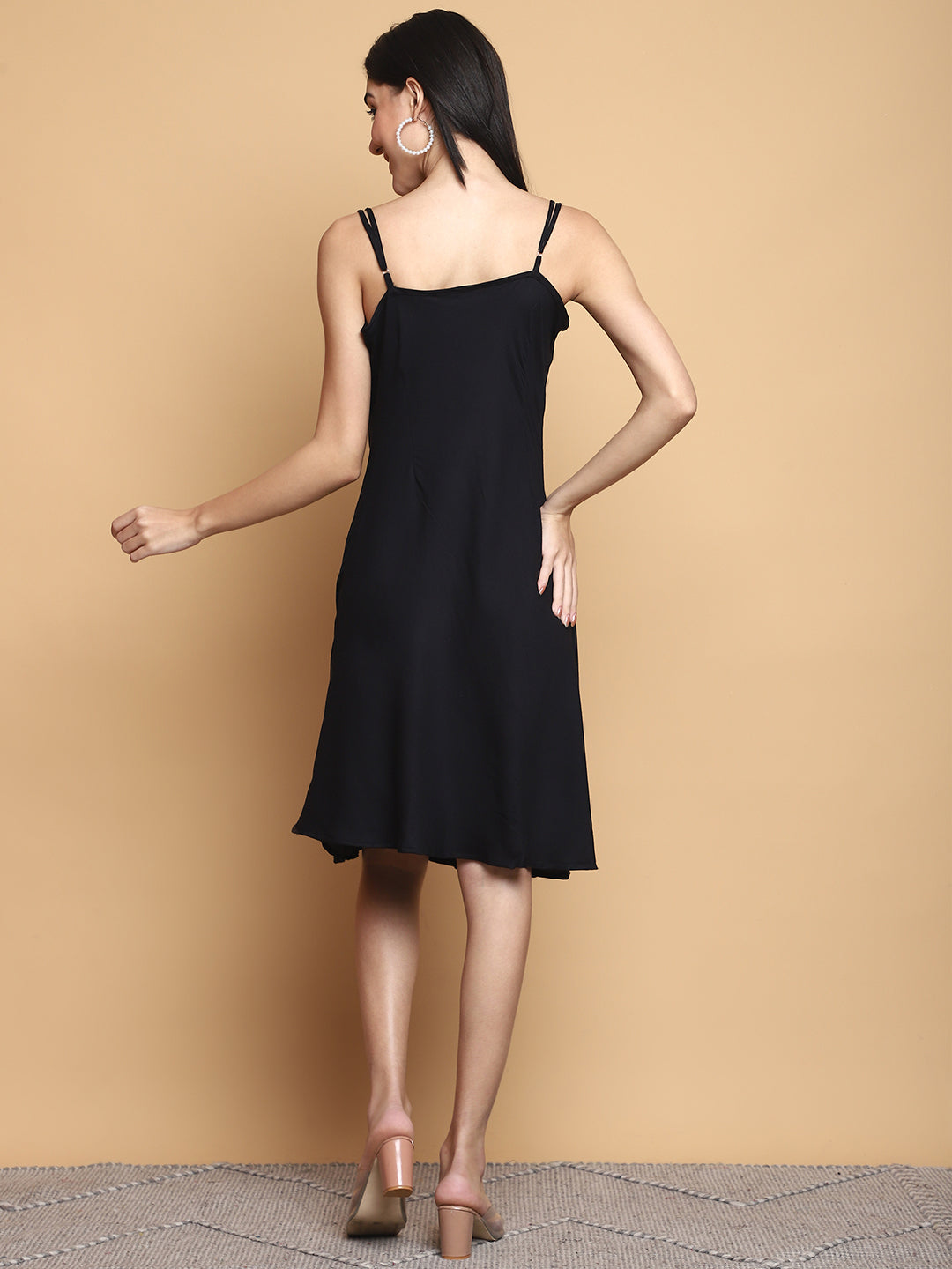 Midnight Muse dress made from soft bamboo Giza cotton, featuring a flowing silhouette, elegant drape, and deep midnight blue color—ideal for sustainable, chic everyday wear.