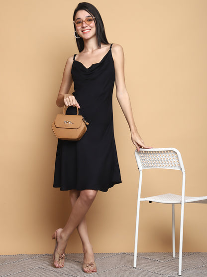 Midnight Muse dress made from soft bamboo Giza cotton, featuring a flowing silhouette, elegant drape, and deep midnight blue color—ideal for sustainable, chic everyday wear.