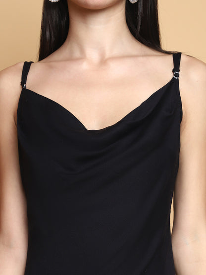 Midnight Muse dress made from soft bamboo Giza cotton, featuring a flowing silhouette, elegant drape, and deep midnight blue color—ideal for sustainable, chic everyday wear.