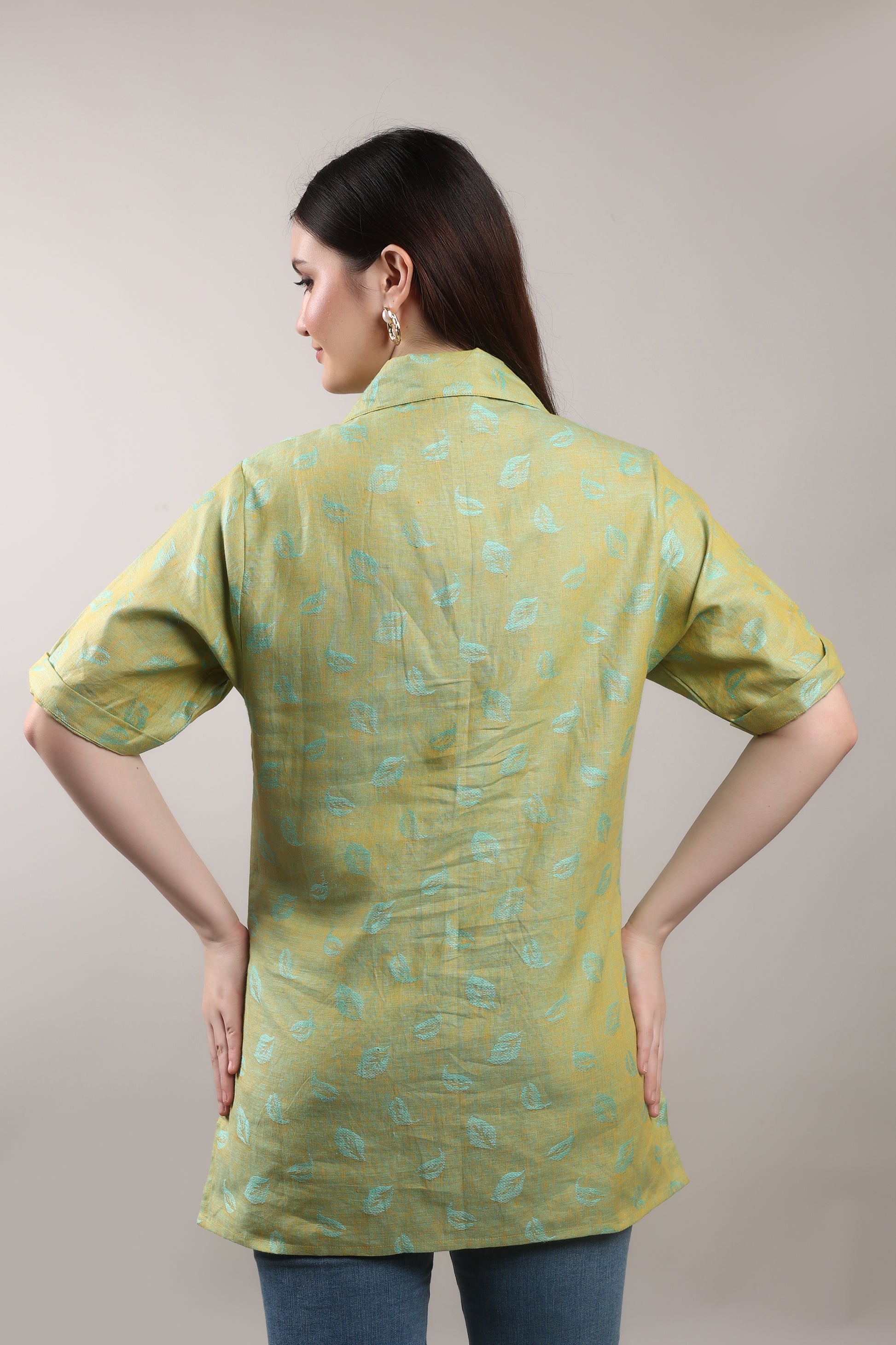 Emerald Jacquard Pure Flax Linen Shirt – sustainable women’s linen shirt by The Majestic Peacock.