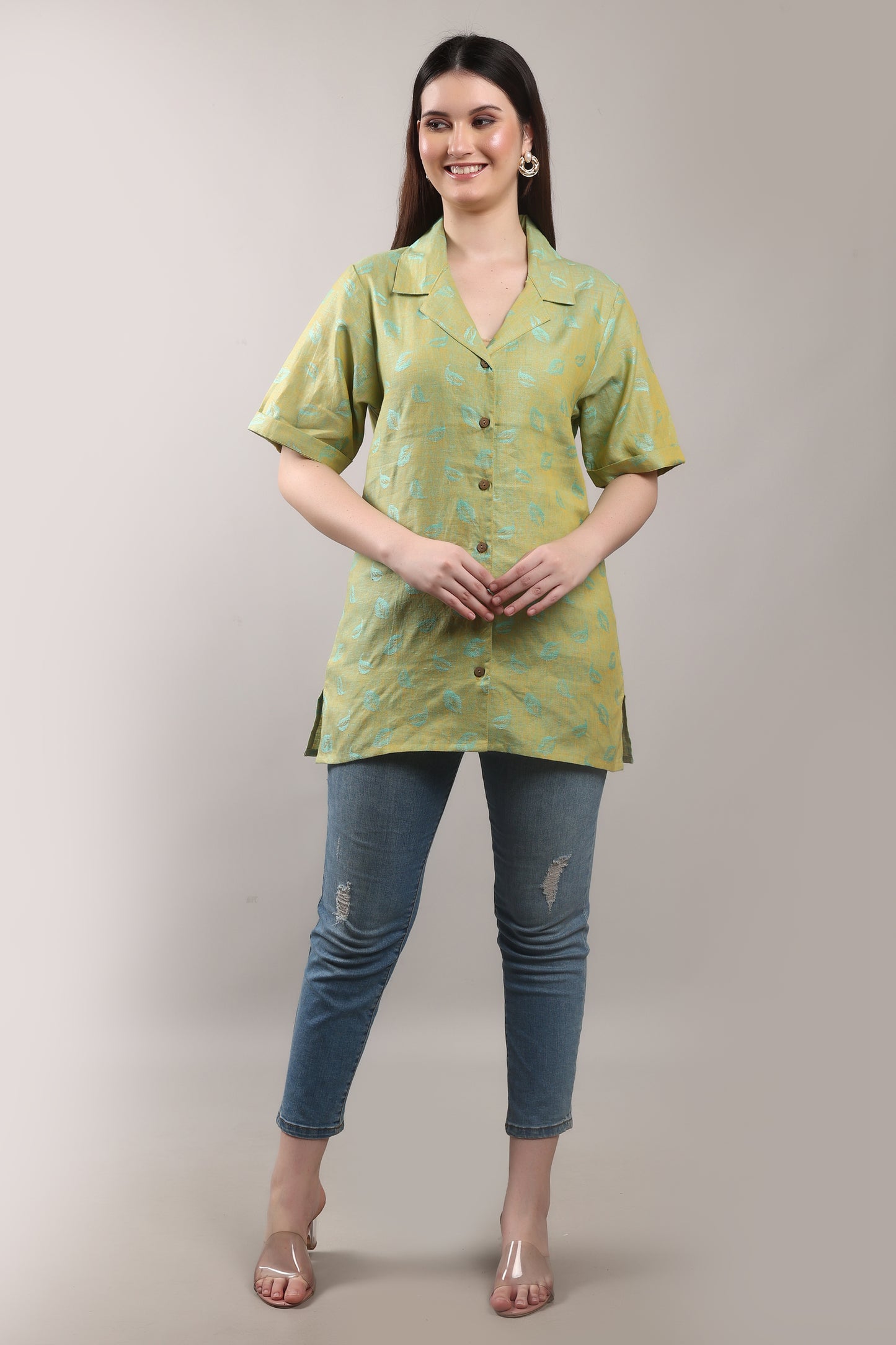 Emerald Jacquard Pure Flax Linen Shirt – sustainable women’s linen shirt by The Majestic Peacock.