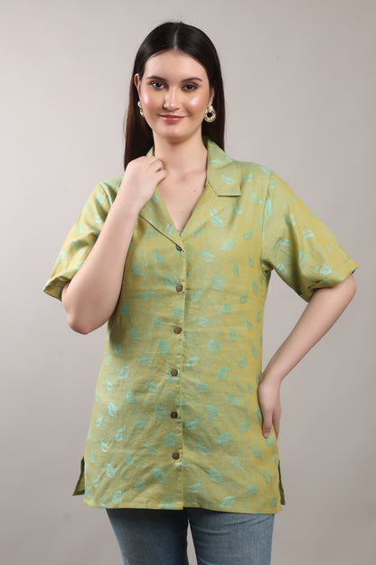 Emerald Jacquard Pure Flax Linen Shirt – sustainable women’s linen shirt by The Majestic Peacock.