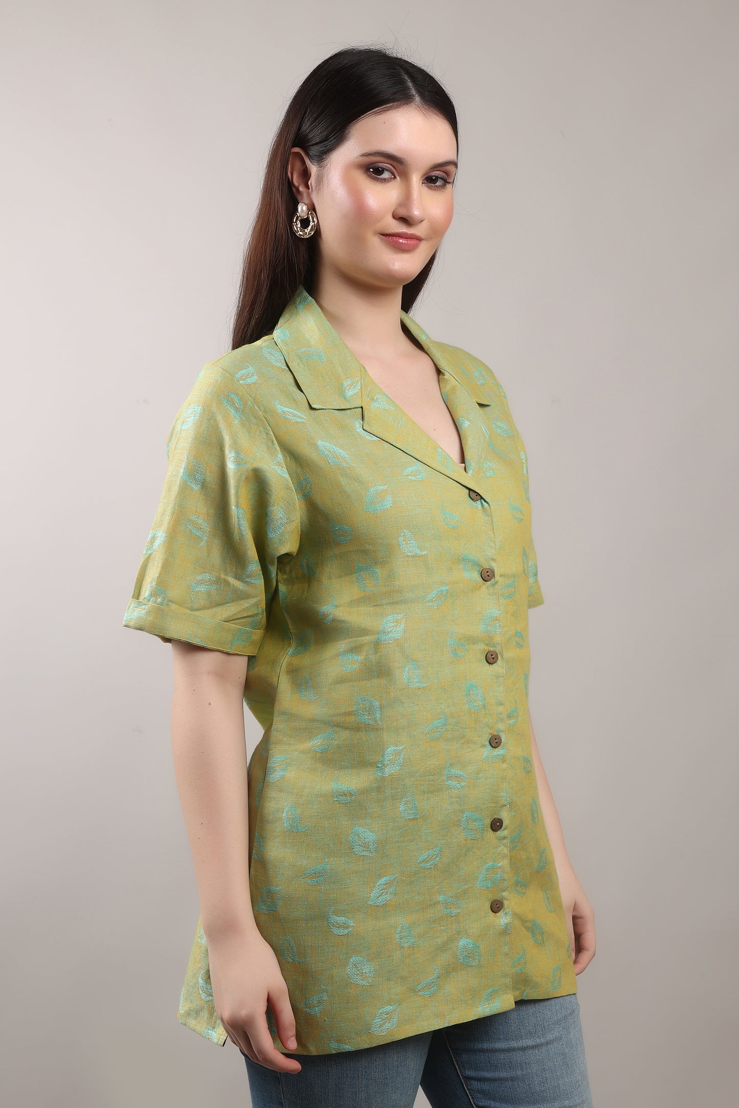 Emerald Jacquard Pure Flax Linen Shirt – sustainable women’s linen shirt by The Majestic Peacock.