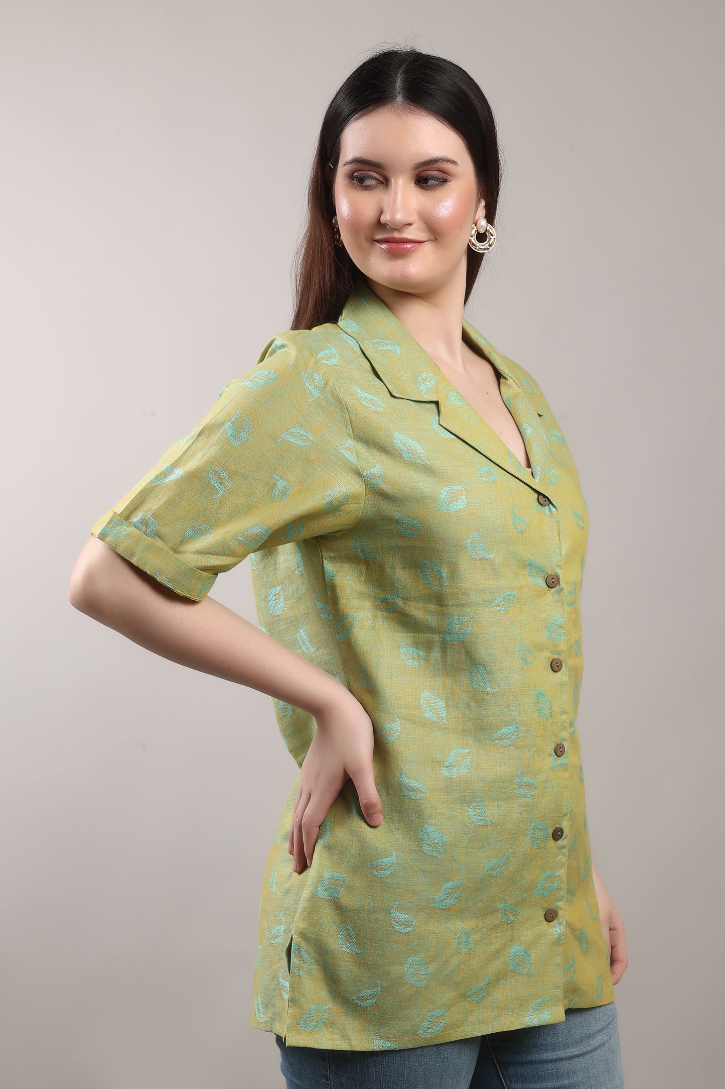 Emerald Jacquard Pure Flax Linen Shirt – sustainable women’s linen shirt by The Majestic Peacock.