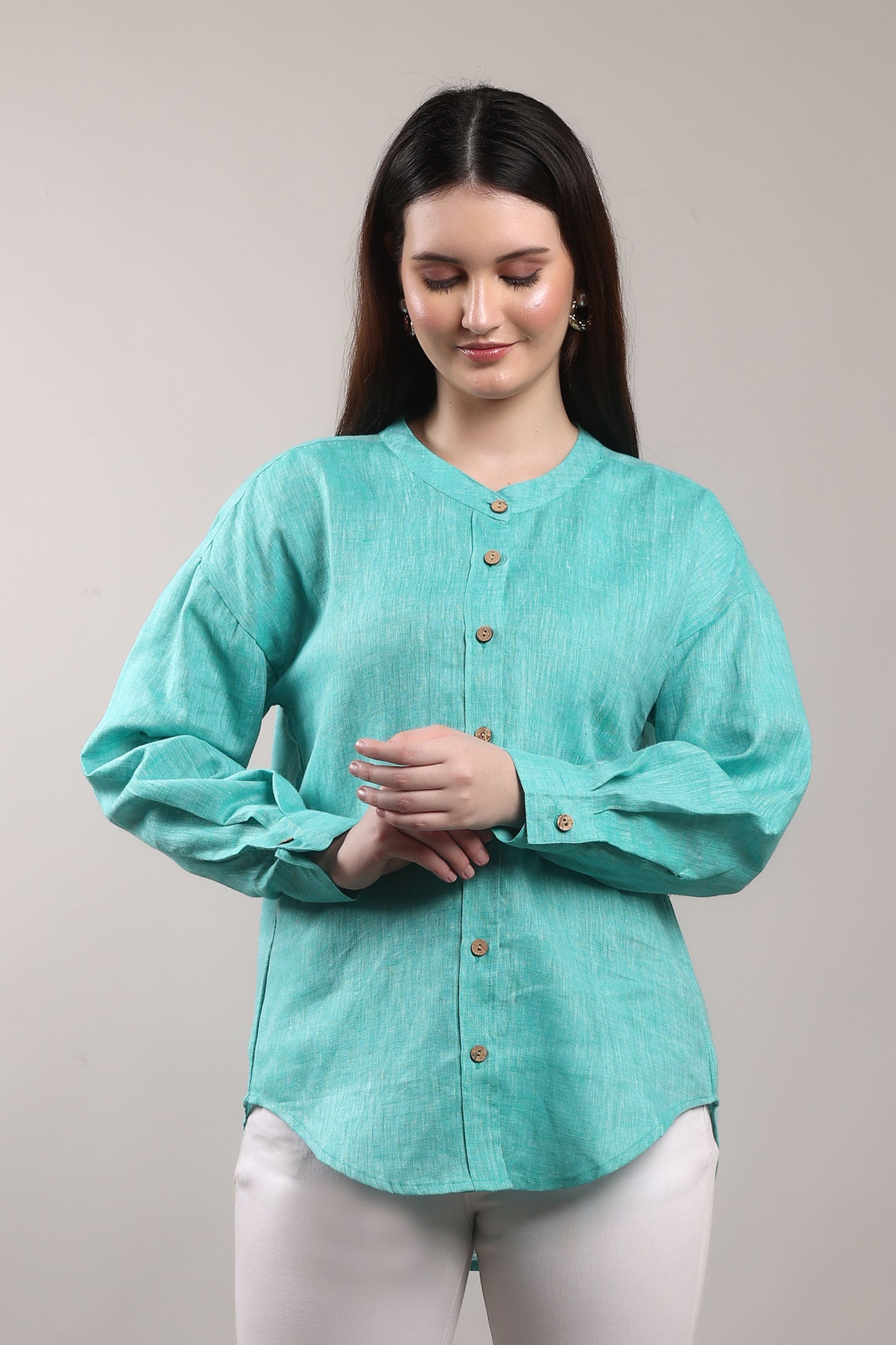 Monsoon Calm Pure Flax Linen Shirt – sustainable women’s linen shirt by The Majestic Peacock.