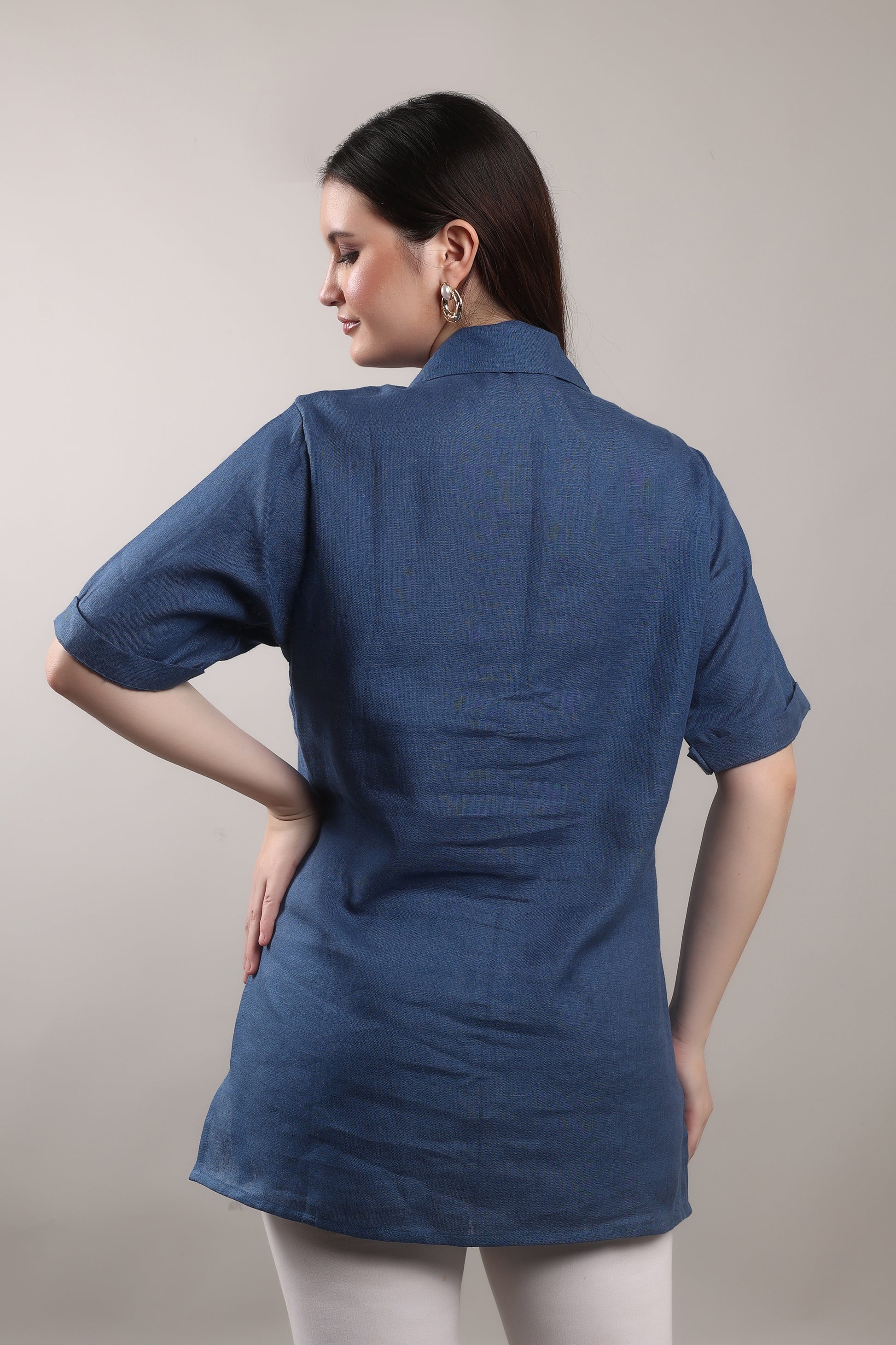 Indigo Drift Pure Flax Linen Shirt – sustainable women’s linen shirt by The Majestic Peacock.
