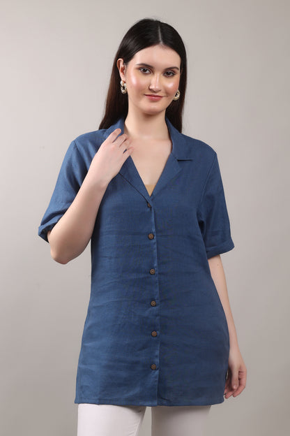 Indigo Drift Pure Flax Linen Shirt – sustainable women’s linen shirt by The Majestic Peacock.
