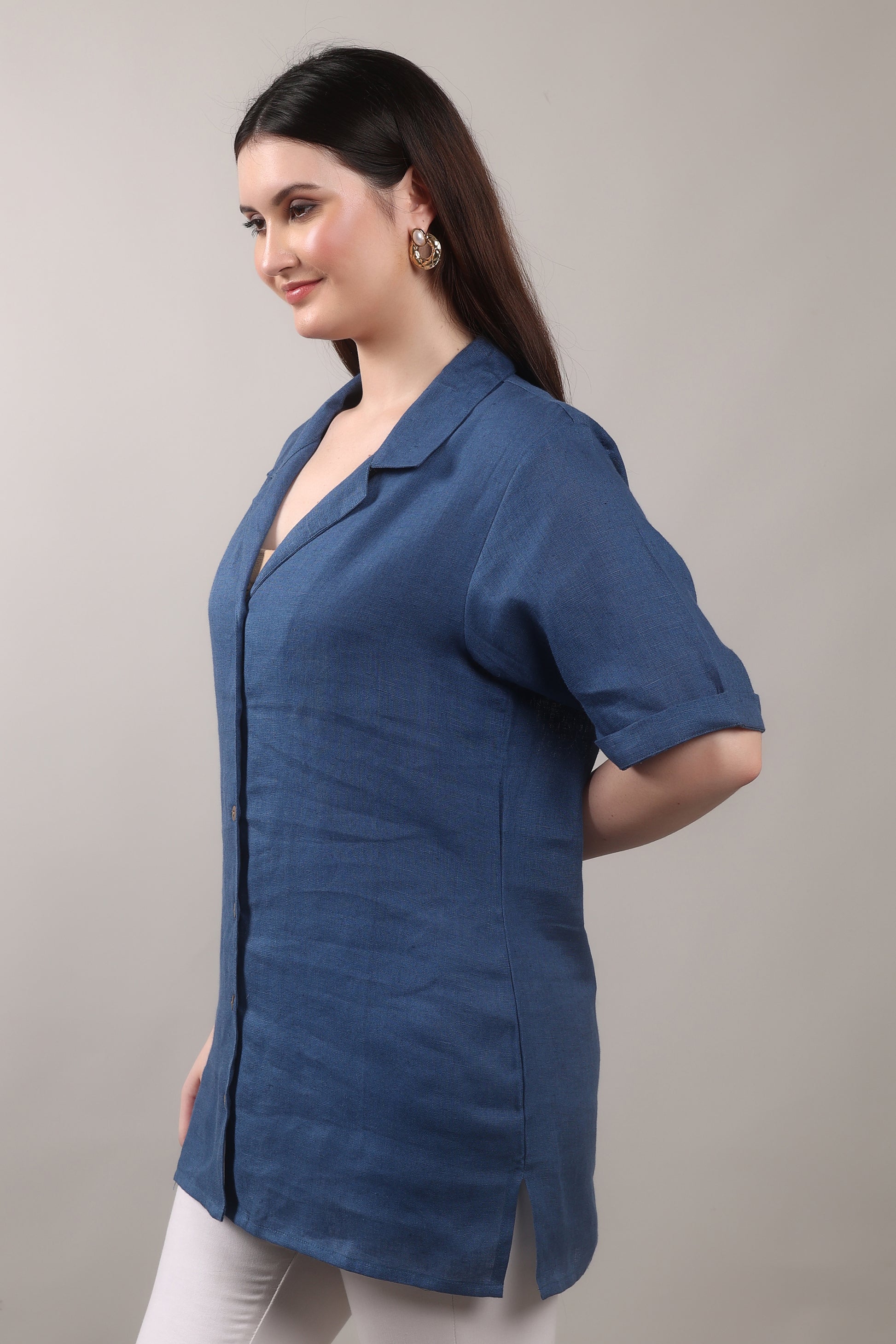 Indigo Drift Pure Flax Linen Shirt – sustainable women’s linen shirt by The Majestic Peacock.