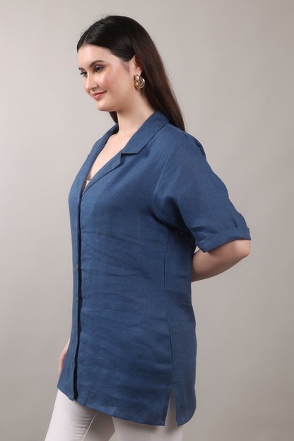 Indigo Drift Pure Flax Linen Shirt – sustainable women’s linen shirt by The Majestic Peacock.