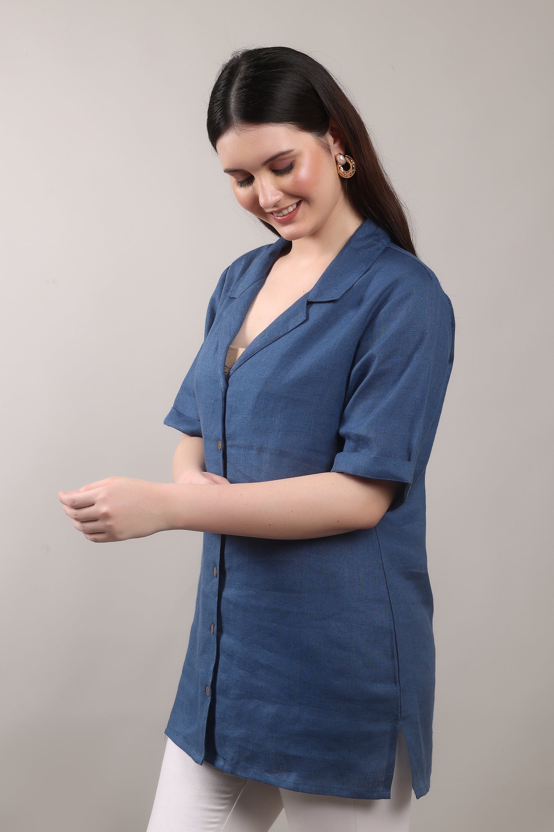 Indigo Drift Pure Flax Linen Shirt – sustainable women’s linen shirt by The Majestic Peacock.