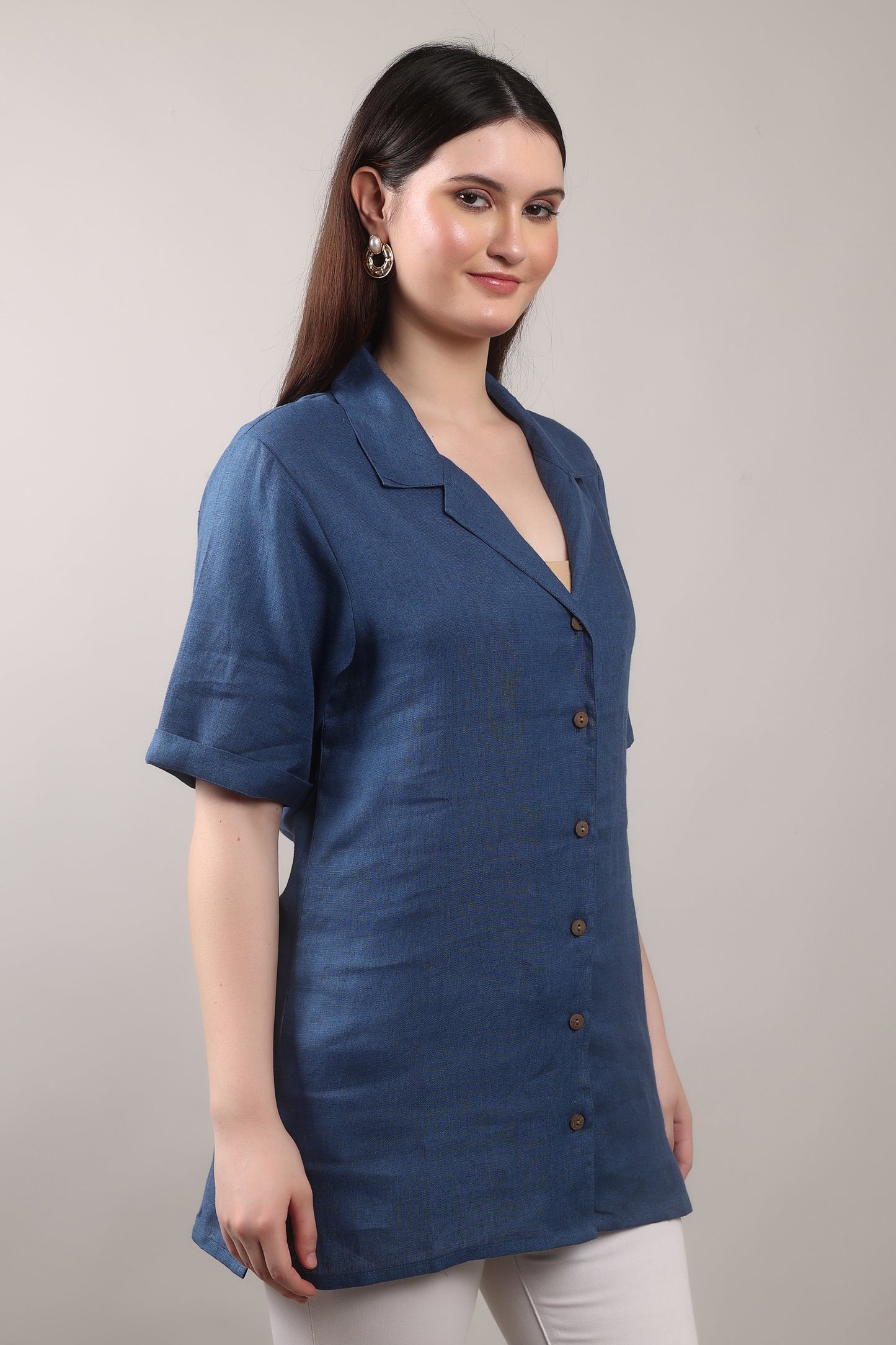 Indigo Drift Pure Flax Linen Shirt – sustainable women’s linen shirt by The Majestic Peacock.