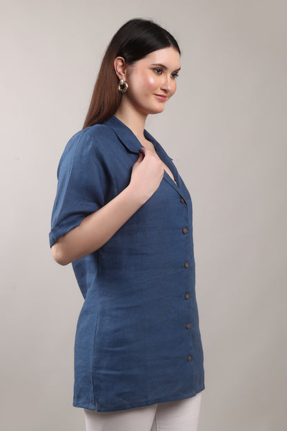 Indigo Drift Pure Flax Linen Shirt – sustainable women’s linen shirt by The Majestic Peacock.