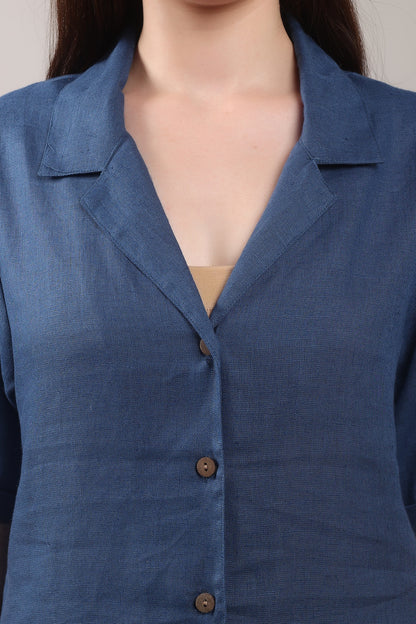 Indigo Drift Pure Flax Linen Shirt – sustainable women’s linen shirt by The Majestic Peacock.