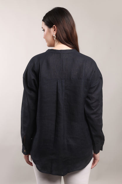 Kohl Ember Pure Flax Linen Shirt by The Majestic Peacock – sustainable Indian men’s linen shirt in deep charcoal tone.