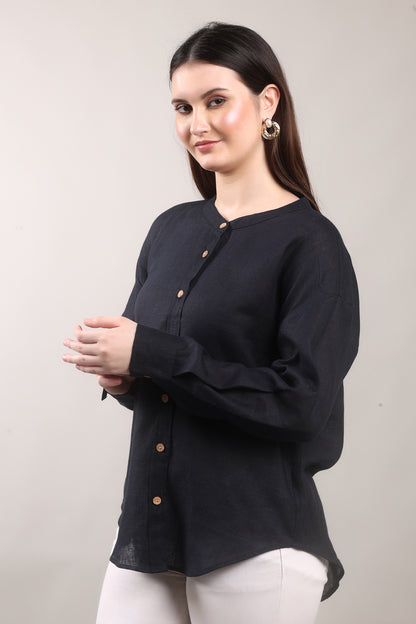 Kohl Ember Pure Flax Linen Shirt by The Majestic Peacock – sustainable Indian men’s linen shirt in deep charcoal tone.